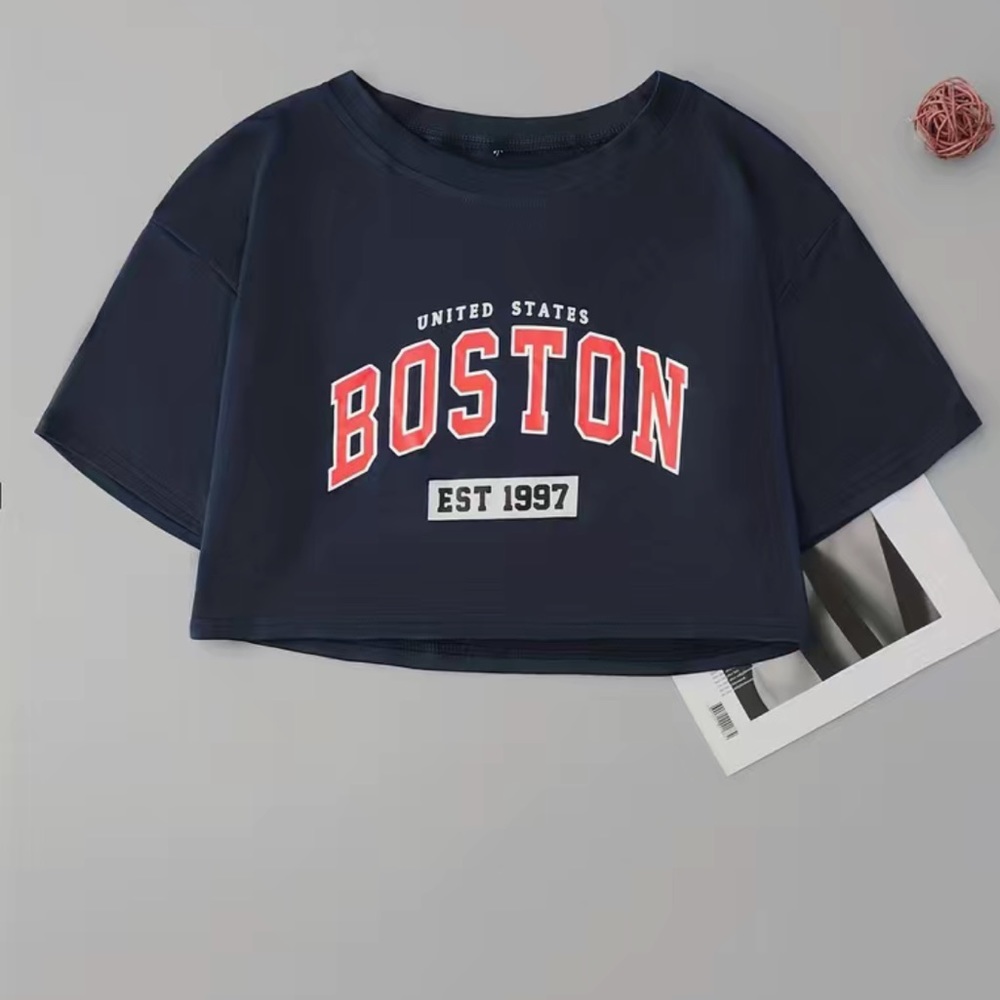 Boston navy cropped half shirt size medium